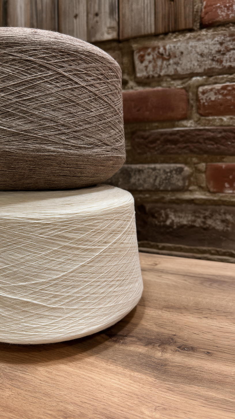 Two cones of Sartuul wool yarn stacked on a wooden table, light grey on top and creamy white below