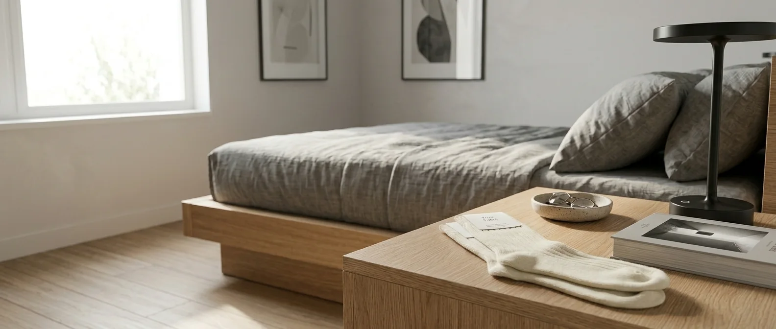 Ivory ribbed cashmere socks with a Your Label paper tag on a wooden bedside table in a calm bedroom