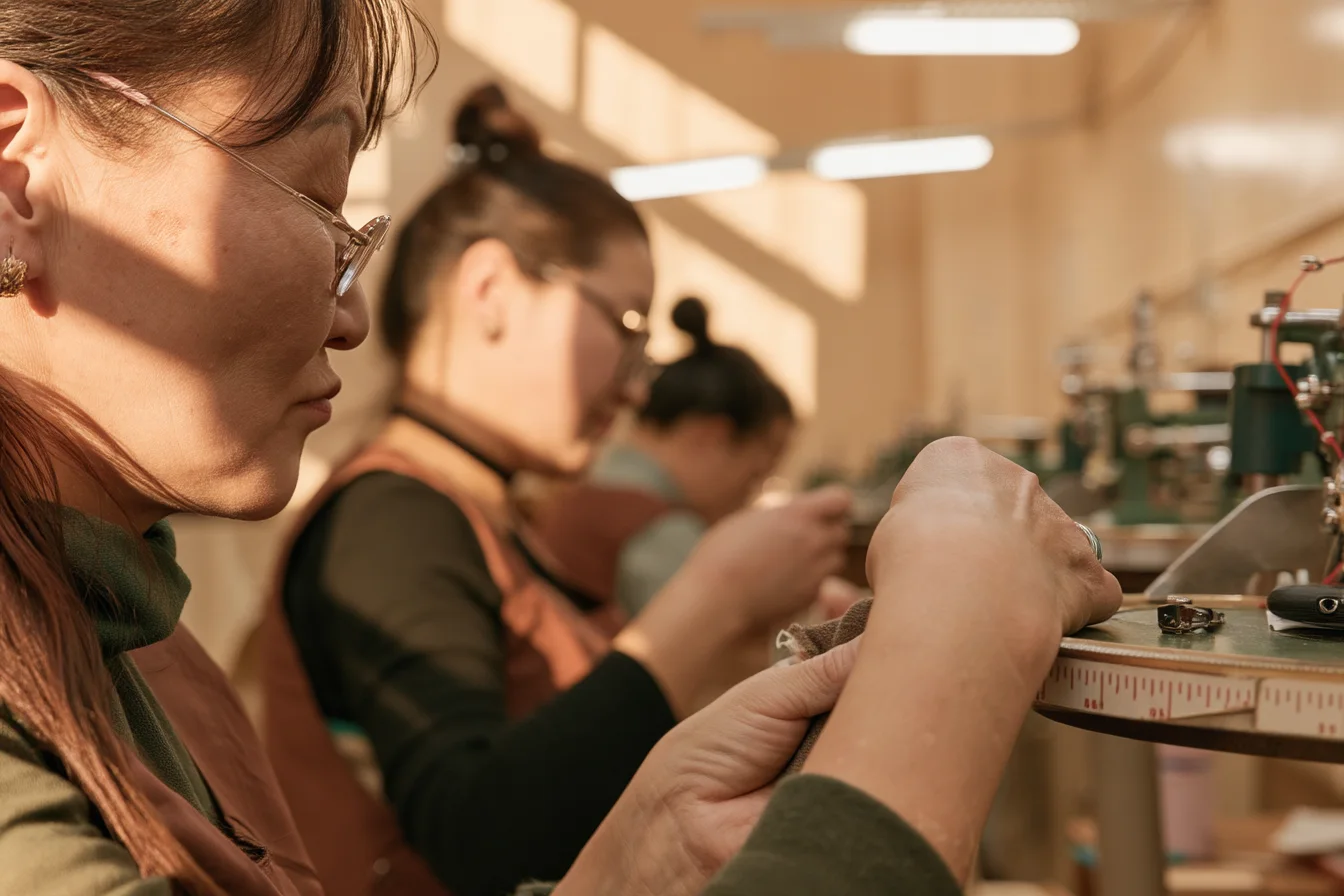 Artisans finishing knitwear by hand at linking machines in a sunlit atelier