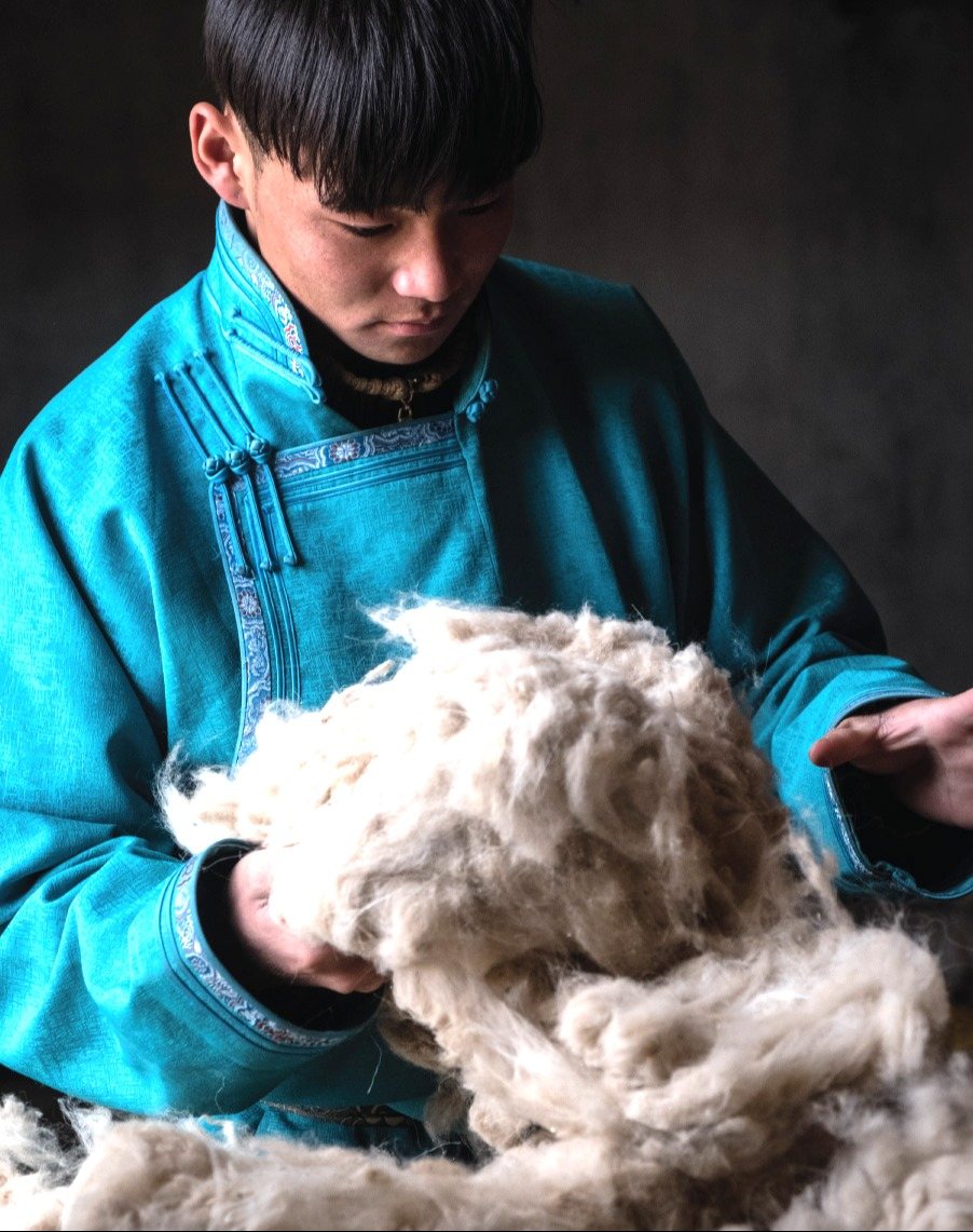 Young Mongolian nomad herder in a traditional turquoise deel holding raw fiber from his herd