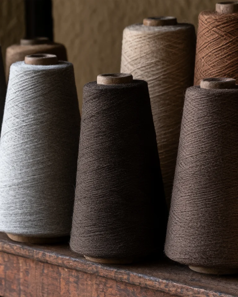 Cones of yak yarn in natural undyed grey, chocolate brown and light brown on a wooden shelf